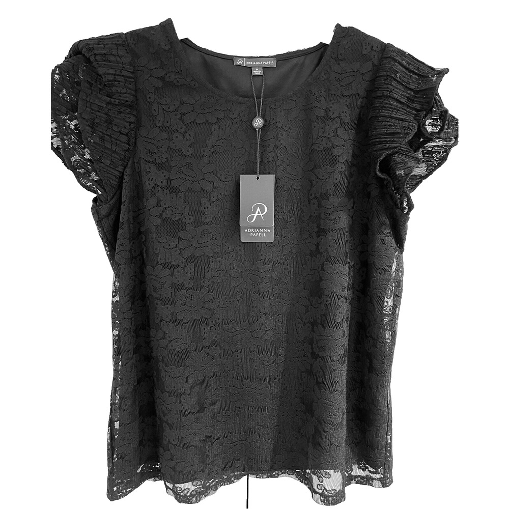 Adrian Papell Women's Short Sleeve Lace Top Lined Black Size M Stunning NWT